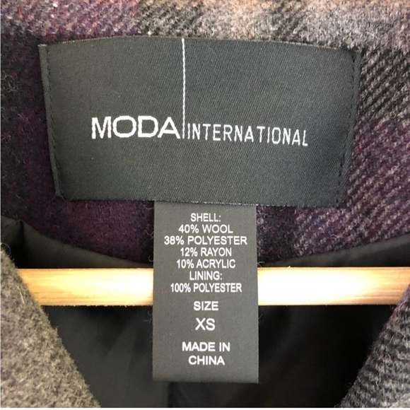 Moda International Wool Blend Purple Grey Plaid Tartan Winter Peacoat Women's XS - Picture 11 of 16